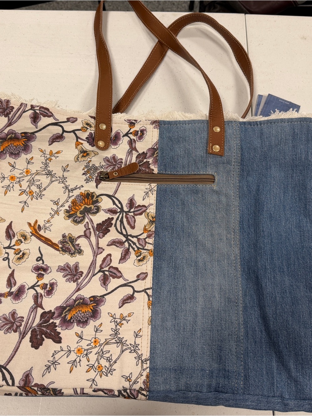 Myra Bag Cream Floral Canvas Tote with Brown Handles - Picture 2 of 2